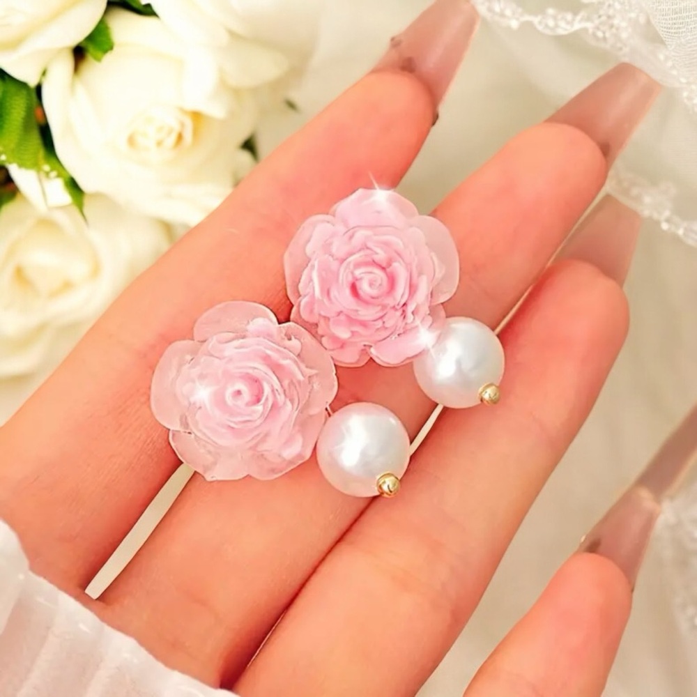 Cute Pink Rose Flower Stud Earrings with Pearlescent‎ Bead Alloy Crafted Floral